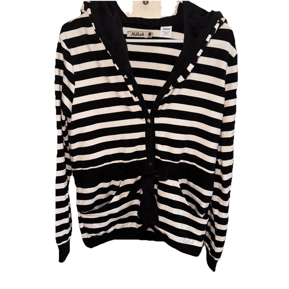 Killah Sixty Cotton Blend Knit Black White Striped Jacket Cardigan Hoodie Large